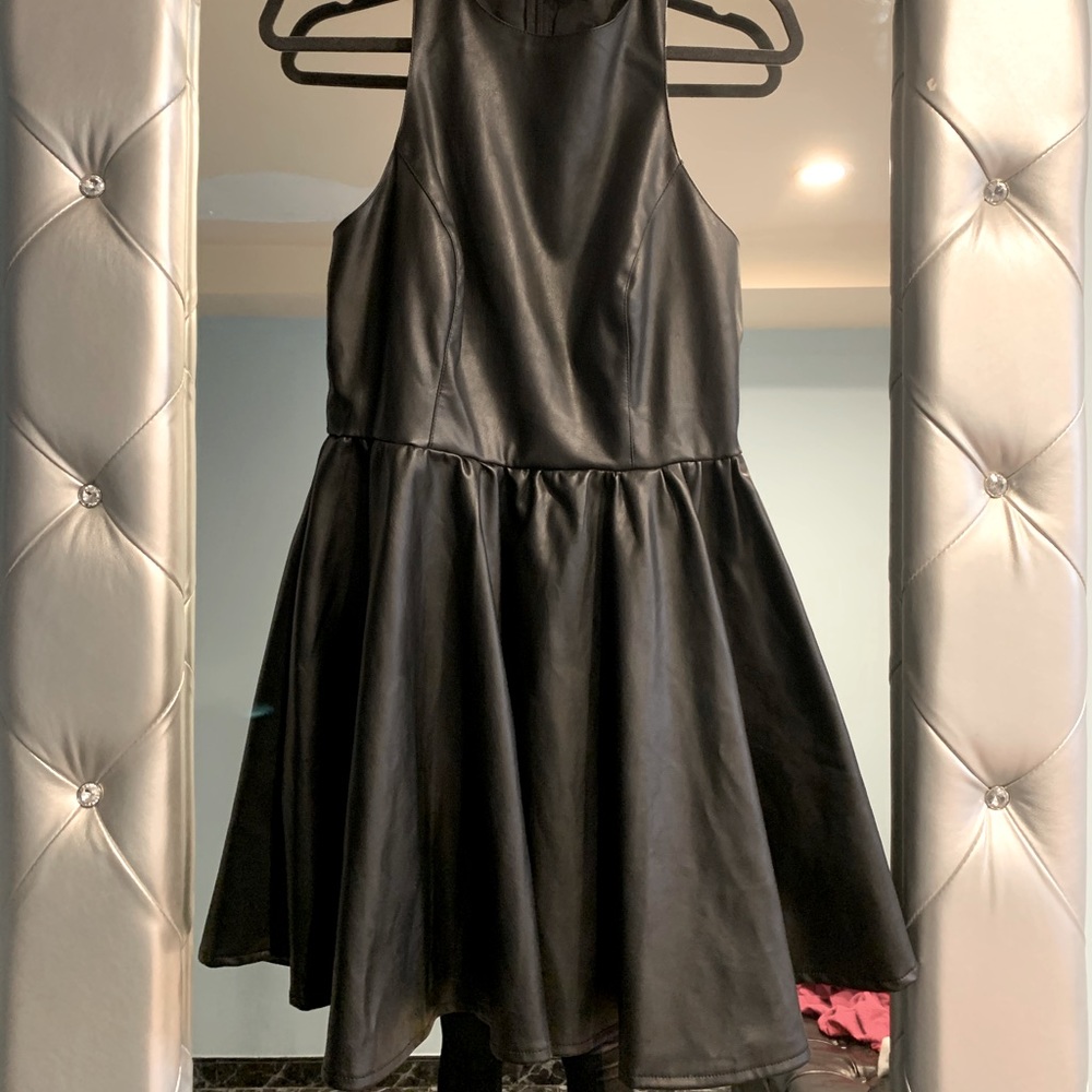 Black Faux Leather Skater Dress